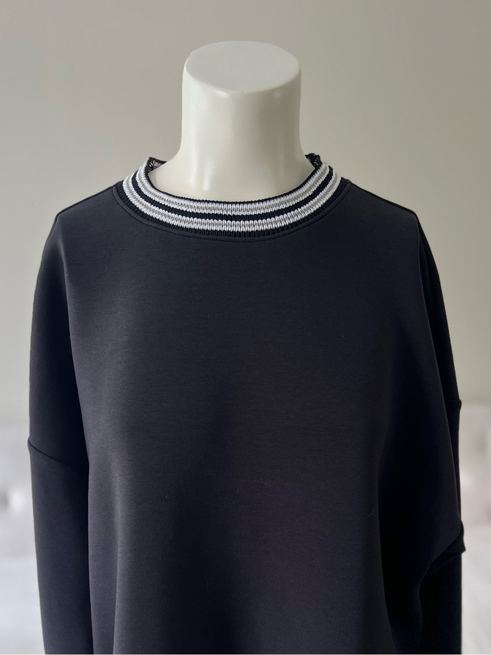 CALIA Scuba Crew Neck Sweatshirt Charcoal Black Stripes Cozy Athleisure